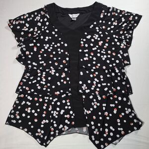Christopher & Banks Tunic Blouse Womens Size XL Black Polka Dot Ruffle Chiffon